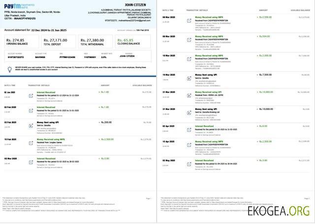 India PayTM Payments Relevé de compte bancaire Modèle Word et PDF, 3 pages, 1 2 pages